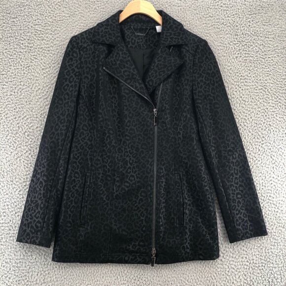 Chicos Jacket Womens 00 US 0 Black Leopard Print Faux Suede Elongated Moto Zip - Picture 1 of 12